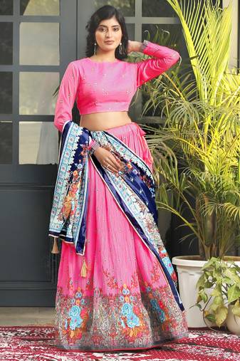 Pink Digital Print Satin Silk Lehenga with Bloue- Full Stitched