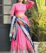 Pink Digital Print Satin Silk Lehenga with Bloue- Full Stitched