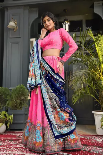 Pink Digital Print Satin Silk Lehenga with Bloue- Full Stitched