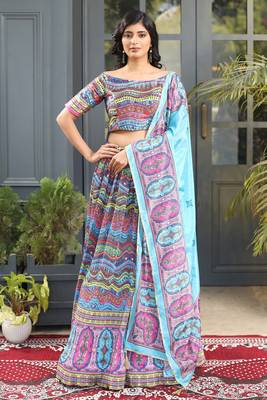 Multi Digital Print Satin Silk Lehenga with Bloue- Full Stitched 1