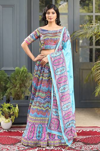 Multi Digital Print Satin Silk Lehenga with Bloue- Full Stitched