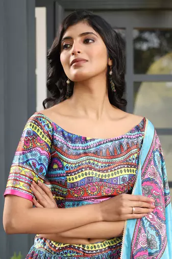 Multi Digital Print Satin Silk Lehenga with Bloue- Full Stitched