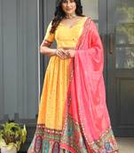Yellow Digital Print Satin Silk Lehenga with Bloue- Full Stitched