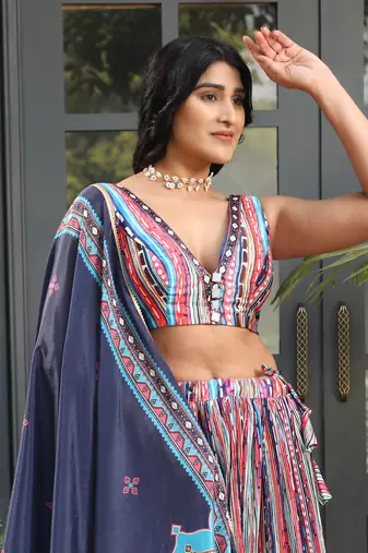 Multi Digital Print Satin Silk Lehenga with Bloue- Full Stitched