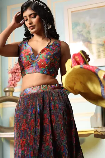 Multi Digital Print Satin Silk Lehenga with Bloue- Full Stitched