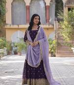 Purple faux blooming with embroidery zari sequins-work gown with dupatta
