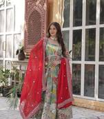Rama digital printed russian silk with foil embroidery work gown dupatta collection