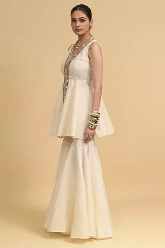 Ivory sequins work cotton peplum top set