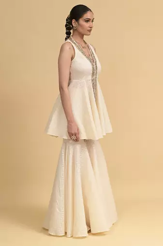Ivory sequins work cotton peplum top set