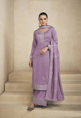Lavender sequine embroidered work vichitra silk kurta palazzo with dupatta. 1