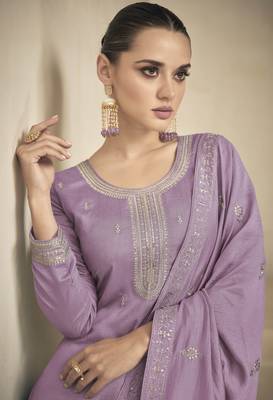 Lavender sequine embroidered work vichitra silk kurta palazzo with dupatta. 2