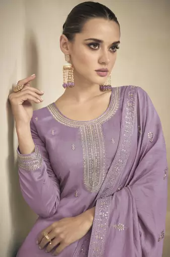 Lavender sequine embroidered work vichitra silk kurta palazzo with dupatta.