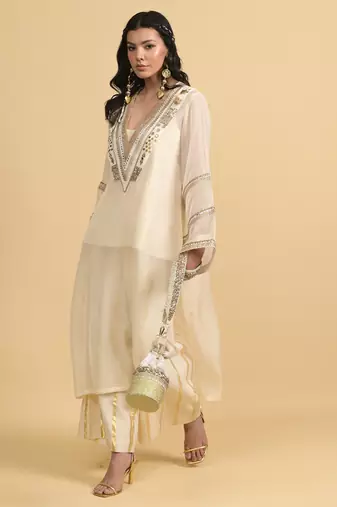Ivory sequins work cotton kaftans