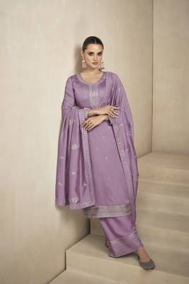 Lavender sequine embroidered work vichitra silk kurta palazzo with dupatta. 3