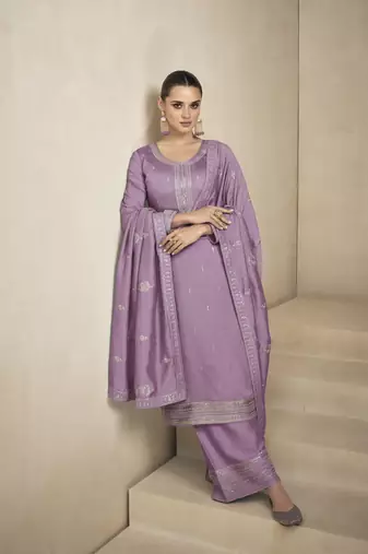 Lavender sequine embroidered work vichitra silk kurta palazzo with dupatta.