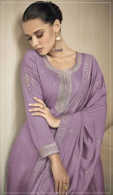 Lavender sequine embroidered work vichitra silk kurta palazzo with dupatta. 4