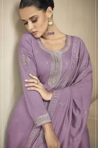 Lavender sequine embroidered work vichitra silk kurta palazzo with dupatta.