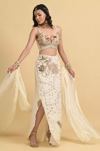 Ivory sequins work georgette skirt set