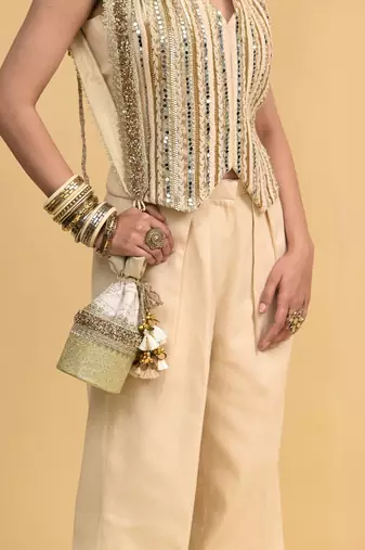 Ivory sequins work cotton pant set