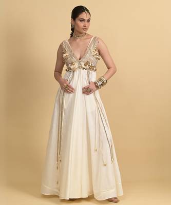 Ivory sequins work silk long-dresses 1
