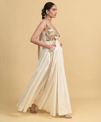 Ivory sequins work silk long-dresses 2