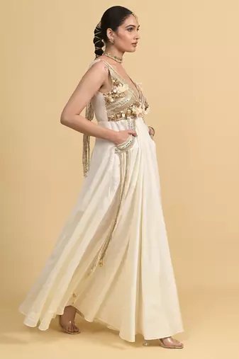 Ivory sequins work silk long-dresses