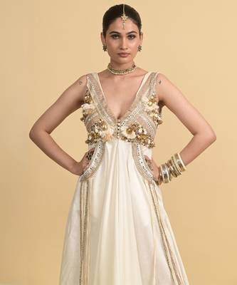Ivory sequins work silk long-dresses 3