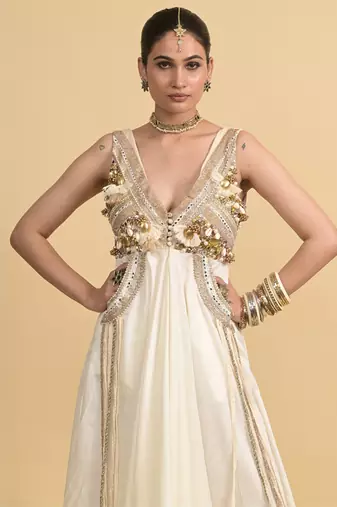 Ivory sequins work silk long-dresses