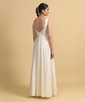 Ivory sequins work silk long-dresses 4
