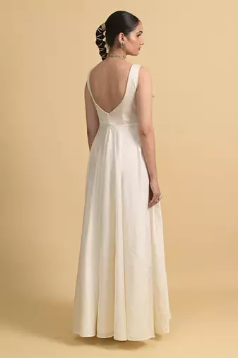Ivory sequins work silk long-dresses