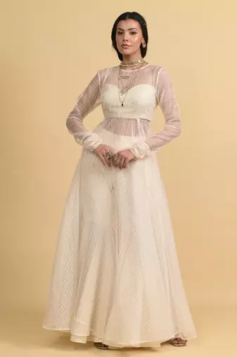 Ivory sequins work organza anarkali set