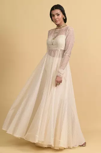 Ivory sequins work organza anarkali set