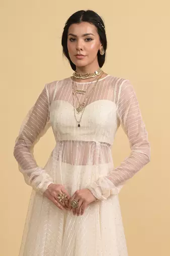 Ivory sequins work organza anarkali set