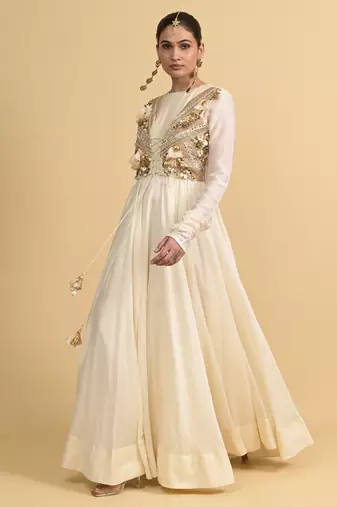 Ivory dori embroidery chanderi anarkali