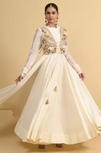 Ivory dori embroidery chanderi anarkali