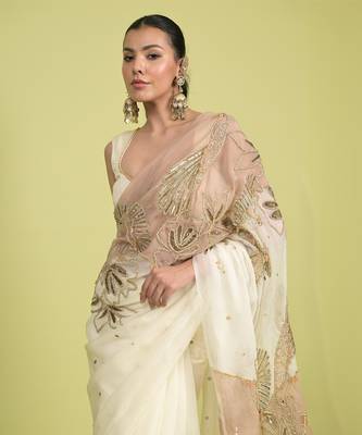 Ivory dori embroidery organza saree 2