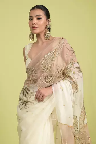 Ivory dori embroidery organza saree