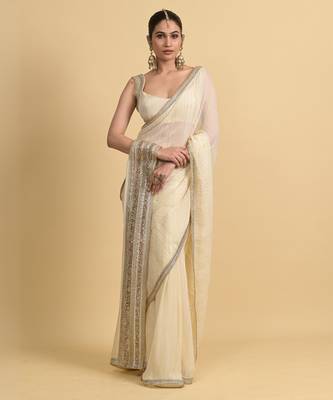 Ivory dori embroidery georgette saree 1