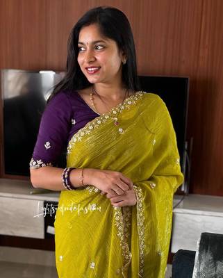 Yellow candy crush art silk embroidery moti work saree with unstitched blouse 1