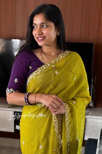 Yellow candy crush art silk embroidery moti work saree with unstitched blouse