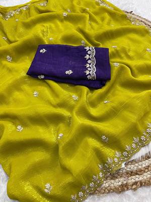 Yellow candy crush art silk embroidery moti work saree with unstitched blouse 2