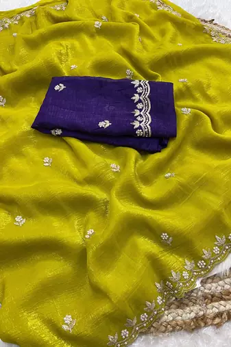 Yellow candy crush art silk embroidery moti work saree with unstitched blouse