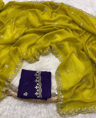 Yellow candy crush art silk embroidery moti work saree with unstitched blouse 3