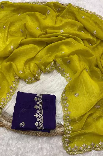 Yellow candy crush art silk embroidery moti work saree with unstitched blouse