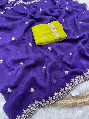 Purple candy crush art silk embroidery & moti work saree with unstitched blouse 1