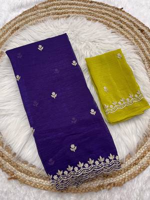 Purple candy crush art silk embroidery & moti work saree with unstitched blouse 3