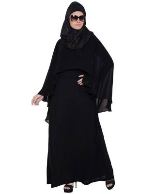 Black a line abaya with attached georgette cape for full coverage. 1