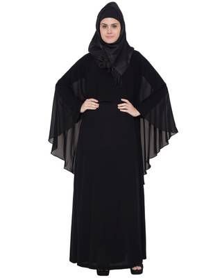 Black a line abaya with attached georgette cape for full coverage. 2
