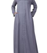Grey simple front open abaya in rayon fabric with pockets