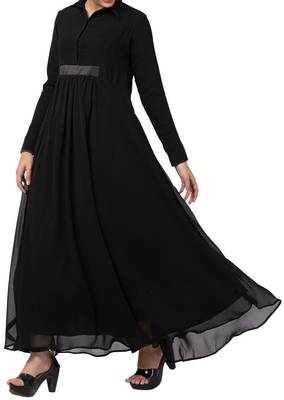 Black modest abaya dress in dual layer with full sleeves 3